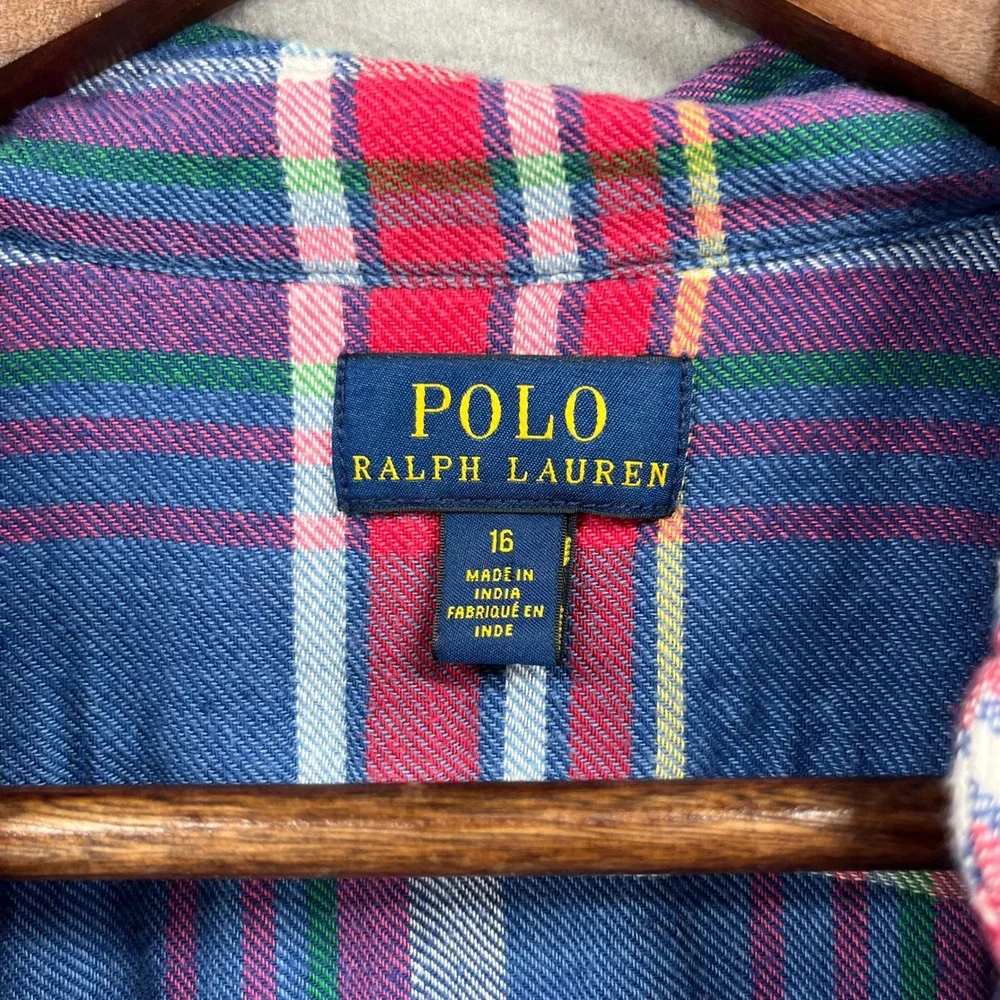 Polo Ralph Lauren Shirt Dress Girls 16 Blue Plaid Flannel Long Sleeve Preppy